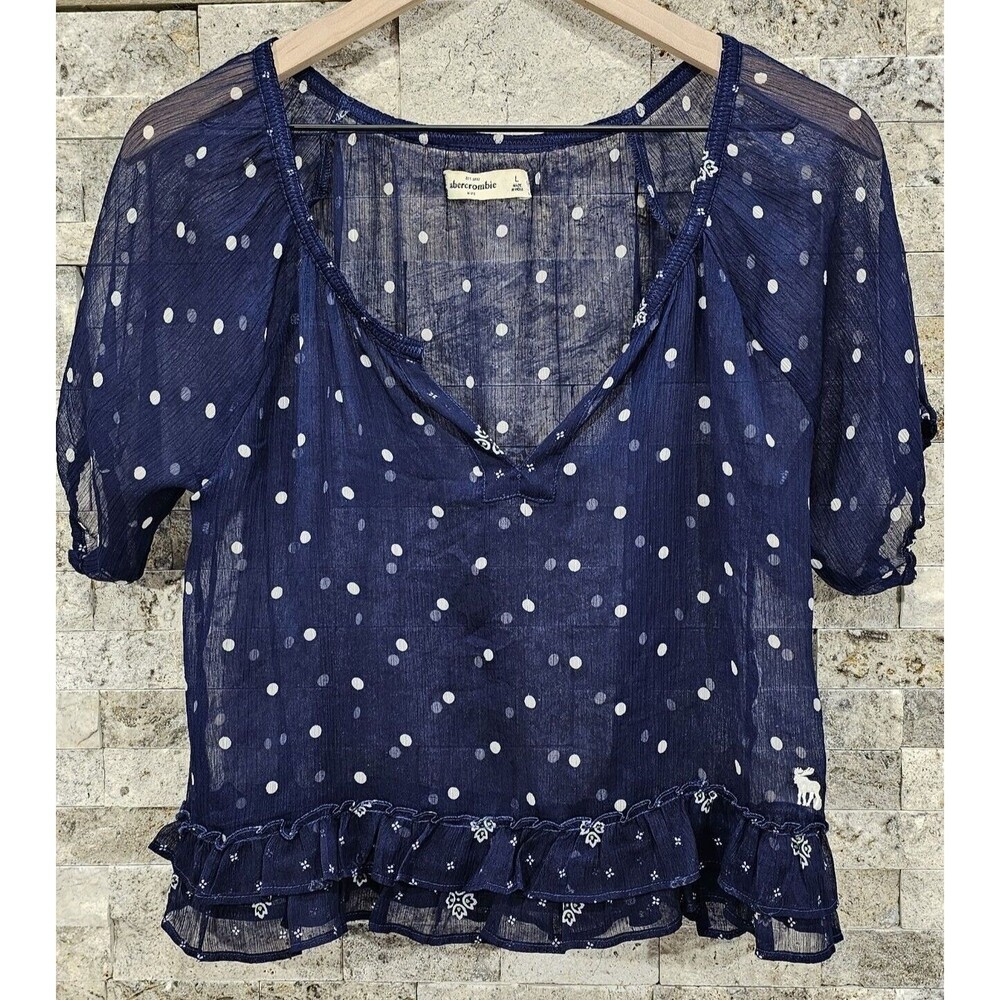 Abercrombie Kids Sheer Polka Dot Top Navy Blue Chiffon Boxy Girl's L | 14 Whimsy